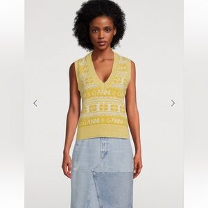 GANNI Logo Jacquard Wool Bland Preppy Sweater Vest Yellow Size XS